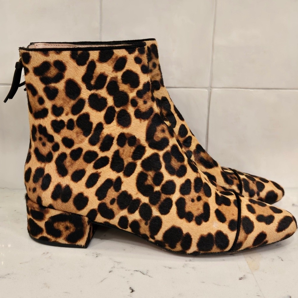 J.Crew Leopard Calf Hair Ankle Boots Pointed Toe Block Heel Brown Black Size 8
